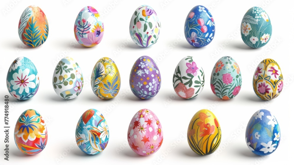 Collection of colourful hand painted decorated easter eggs on white background cutout file. Pattern and floral set. Many different design. Mockup template for artwork design Collection of colourful hand painted decorated easter eggs on white background cutout file. Pattern and floral set. Many different design. Mockup template for artwork design