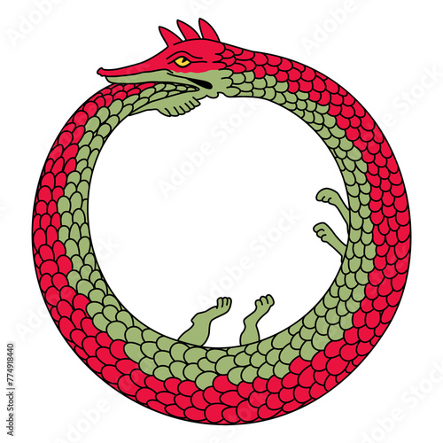 Ouroboros or uroboros, an ancient symbol for eternal cyclic renewal or a cycle of life, death and rebirth, depicting a serpent or dragon eating its own tail. Symbol in hermeticism and alchemy. Vector photo