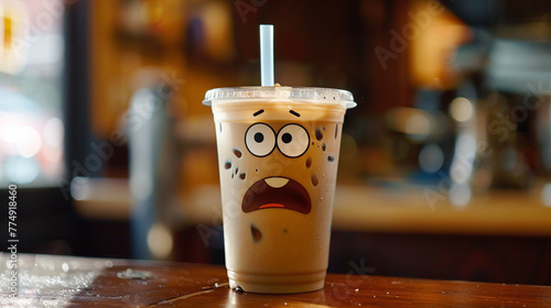 a surprised cartoon face on a 16oz iced chai latte in a plastic cup photo