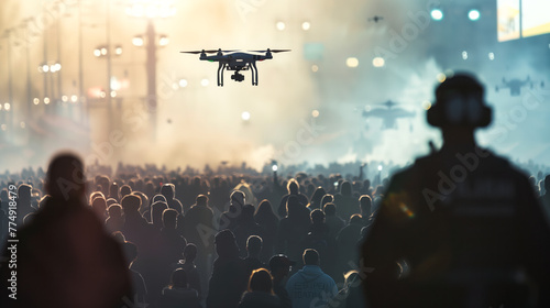 Security personnel using a drone to monitor crowd activity during a public event
