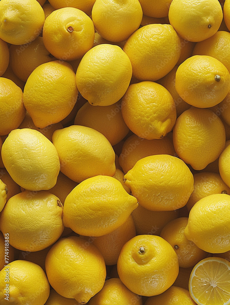 A hyperrealistic photograph of a dense, full frame of lemons