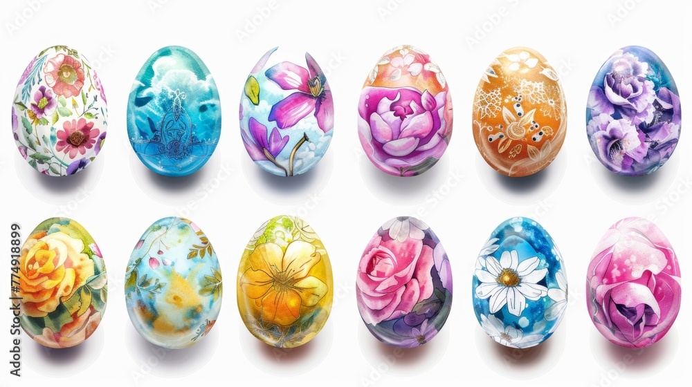 Collection of colourful hand painted decorated easter eggs on white background cutout file. Pattern and floral set. Many different design. Mockup template for artwork design Collection of colourful hand painted decorated easter eggs on white background cutout file. Pattern and floral set. Many different design. Mockup template for artwork design