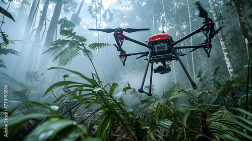 Drone equipped with thermal imaging technology, assisting in locating missing persons in dense forest areas photo