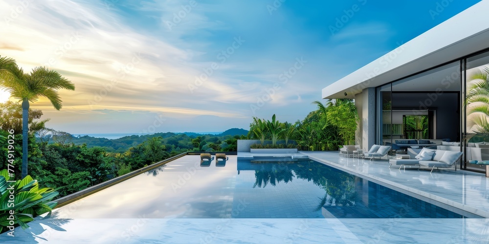 luxurious modern backyard with a white marble patio, an infinity pool overlooking a scenic view