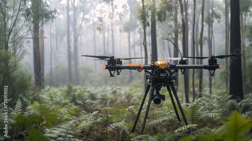 Drone equipped with thermal imaging technology, assisting in locating missing persons in dense forest areas photo