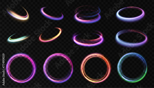 Abstract set of bright circle light effect. Colorful glowing ring frame. HUD podium portal.