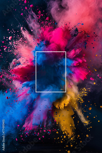 Colorful explosive powders surrounded a blank frame