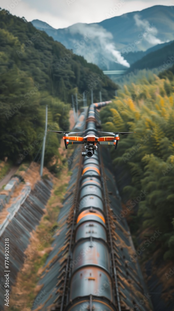Obraz premium Drone flying over a pipeline or railway track, conducting routine inspections to ensure safety and reliability