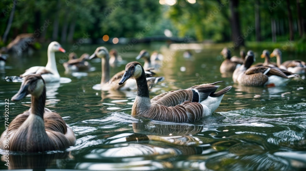 Fototapeta premium Ducks swimming in the lake in the park. Selective focus.