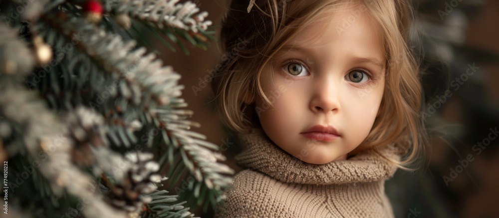 A little girl in a sweater near a christmas tree A little girl in a sweater near a christmas tree