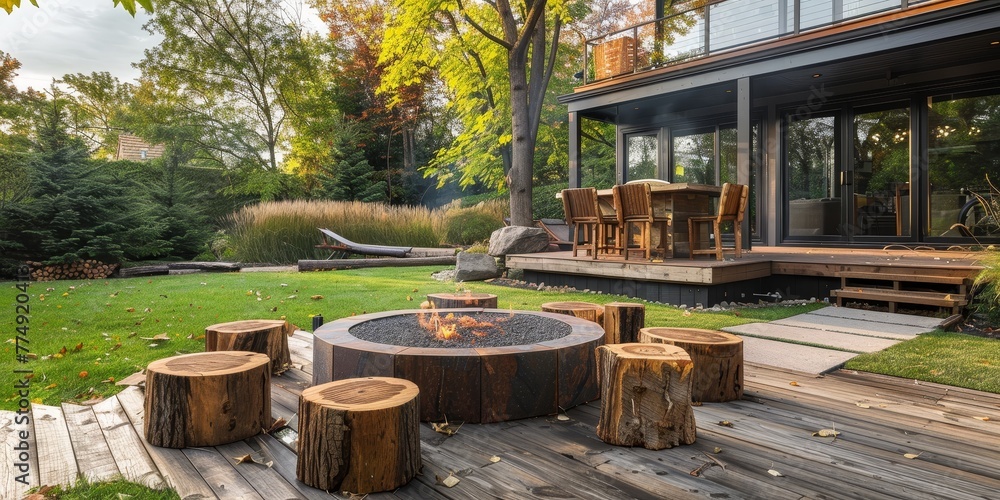 modern backyard with a rustic touch, incorporating a reclaimed wood deck