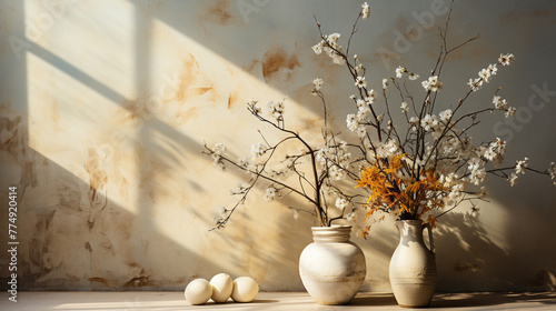 Spring blossom flowers bouquet in vase on table, shadows on wall, copy space