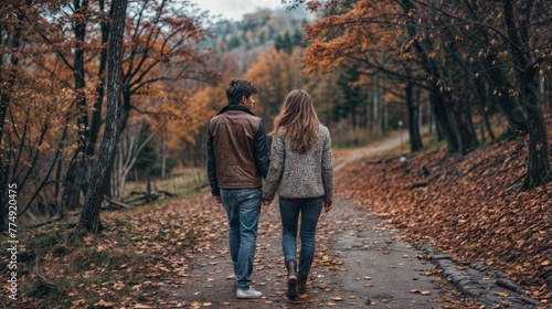 Young couple walking in the autumn park. Man and woman enjoying nature.