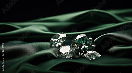 Luxurious dark green velvet fabric, sparkling emeralds and diamonds background