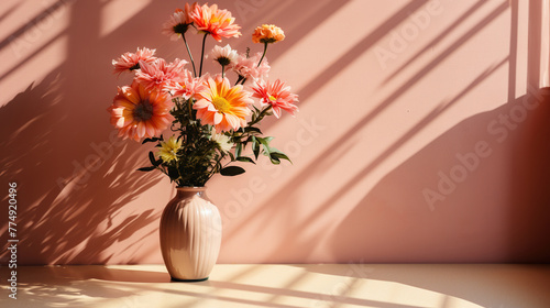Bright daisies flowers bouquet in pink vase on table, shadows on pink wall