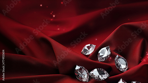 Luxurious dark red velvet fabric, sparkling diamonds background