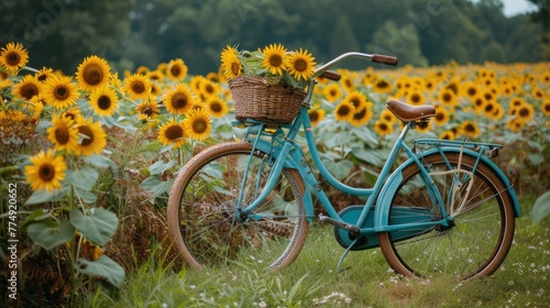 Blue Bicycle With Sunflower Basket