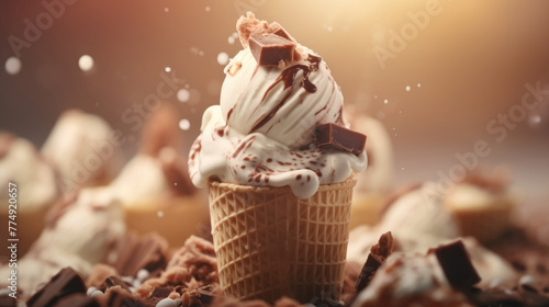 Brown chocolate ice cream with melty ingredients, dessert food background