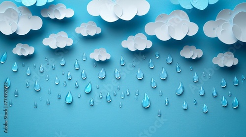 Paper-cut white clouds with an assortment of raindrops over an aqua blue setting depicting the monsoon rainy season and space, Generative AI.