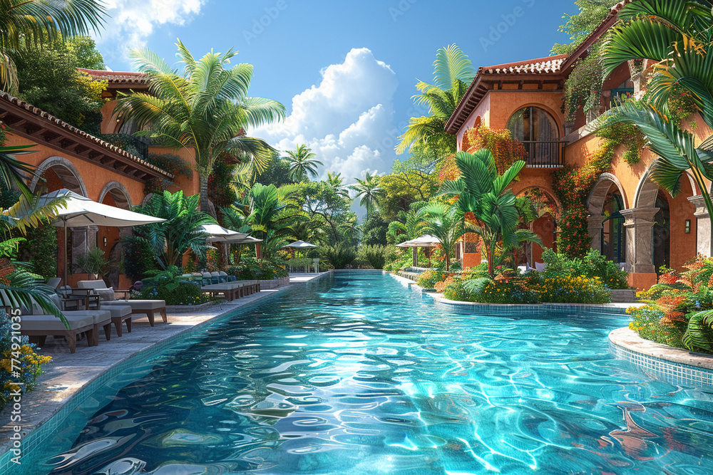 Tropical resort pool area with cabanas and a swim-up barHyperrealistic