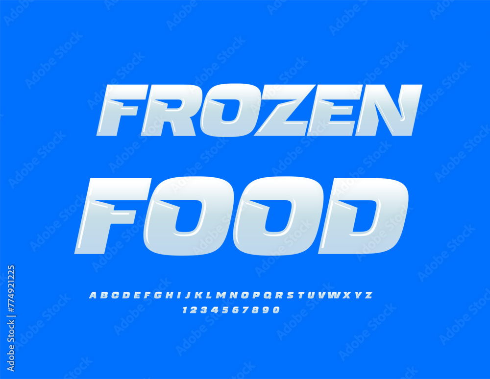 Vector quality sign Frozen Food. Modern Glossy Font. Exclusive White Alphabet Letters and Numbers set. Vector quality sign Frozen Food. Modern Glossy Font. Exclusive White Alphabet Letters and Numbers set.