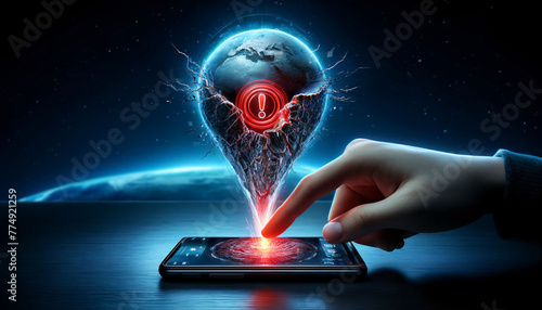Earthquake Alert: Hand with Phone Displaying Hologram and Cracked Globe