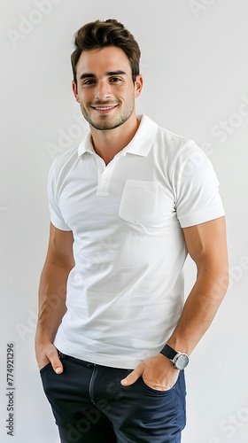 A handsome German man, standing, wearing a white polo shirt, with hand in the pocket