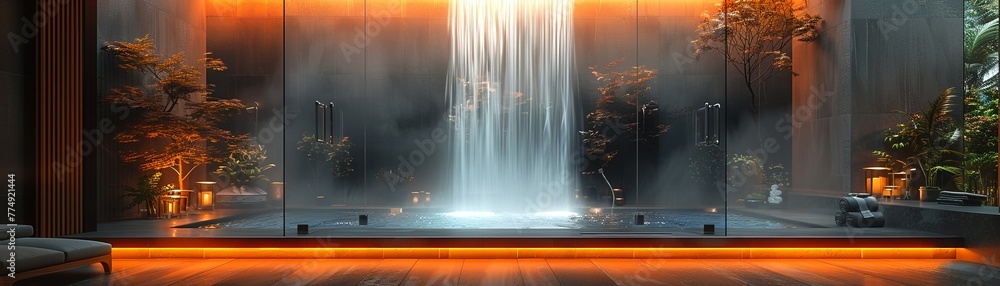 Contemporary bathroom with a glass-enclosed waterfall shower and ambient lighting8K