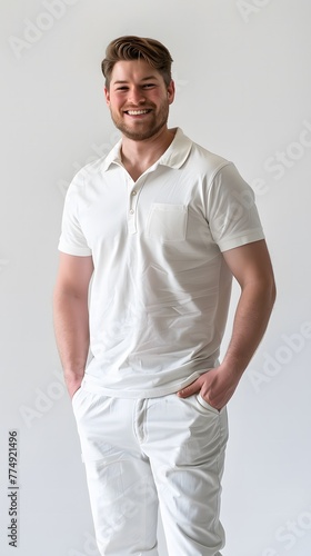 A handsome German man, standing, wearing a white polo shirt, with hand in the pocket