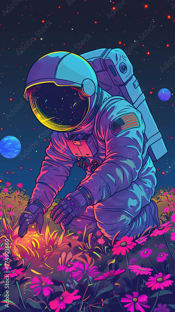 An astronaut collects flowers in a field in space cartoon style An astronaut collects flowers in a field in space cartoon style