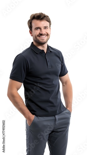 A handsome German man, standing, wearing a black polo shirt, with hand in the pocket