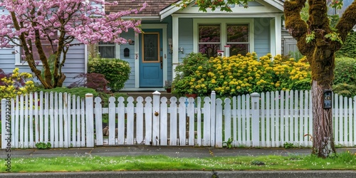 picket fence that encloses the front yard and backyard