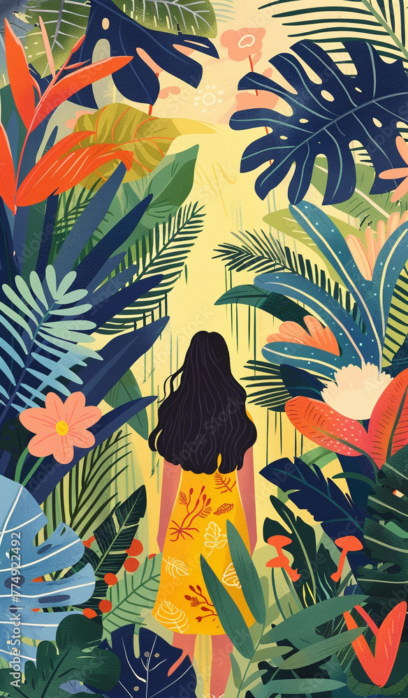 illustration of jungle girl , colorful gardens