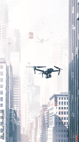 A delivery drone navigating through a cityscape