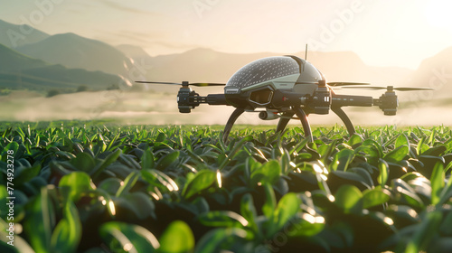 Eco-Friendly Crop Monitoring, robotic drones equipped with sensors fly over lush farmland