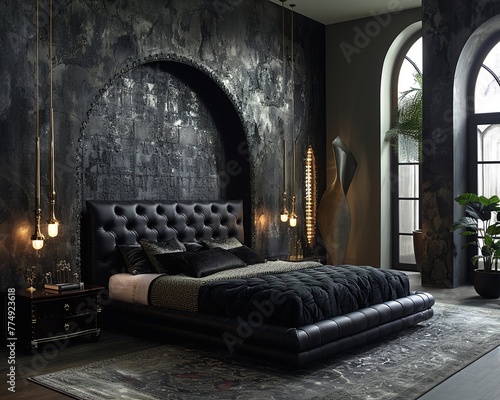 Modern Gothic bedroom with dark colors and dramatic decorsuper detailed