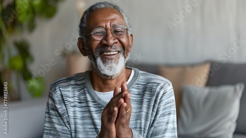 A happy senior man in living room clapping with joy and inspiration photo