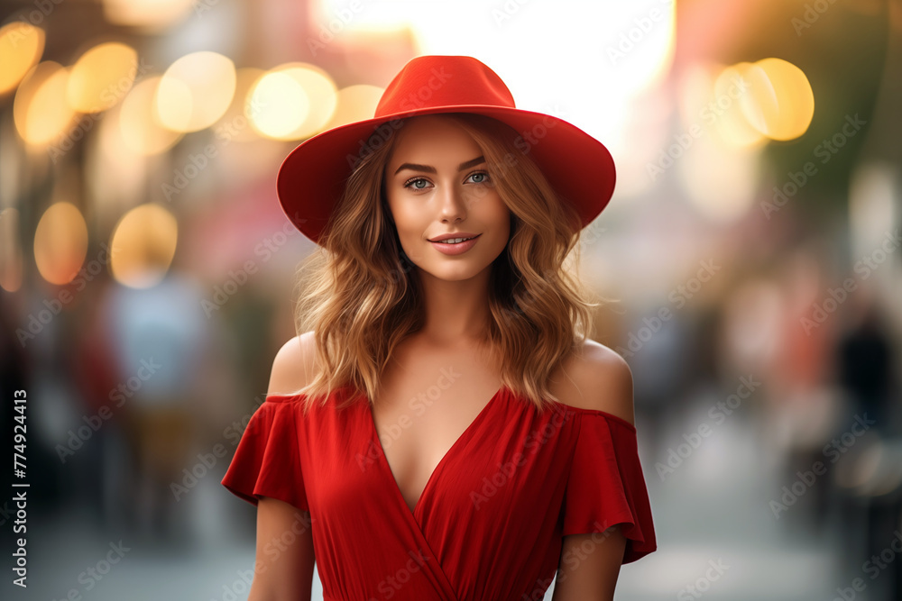 Beautiful young woman in red dress and hat posing in the city Beautiful young woman in red dress and hat posing in the city