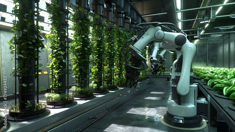 Vertical Farming Robotics, robots tending to vertical farming towers indoors, adjusting light and nutrient levels to optimize plant growth