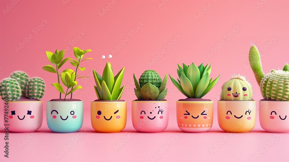 Portrait of a playful kawaii potted plant characters with a clean backdrop and big space for text or product advertisement, Generative AI.