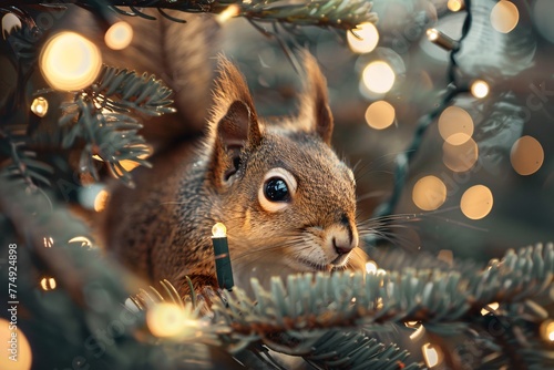a squirrel in a tree with lights photo