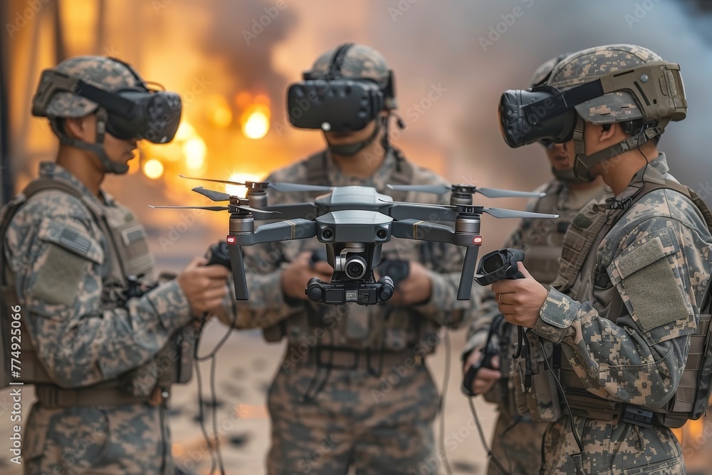 Three military operators in virtual reality glasses control a quadcopter. Modern military weapons
