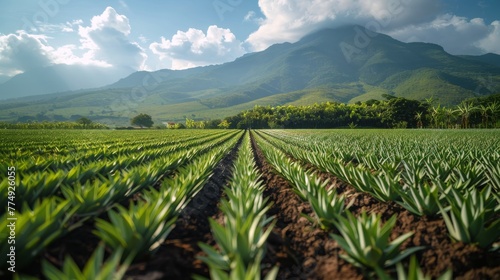 Pineapple Field With Mountain Background