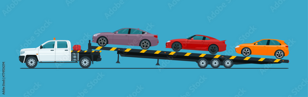 Car transporter pickup truck loaded with different cars isolated. Vector illustration. - obrazy, fototapety, plakaty 