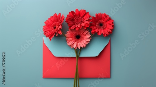 Red Flowers on Blue Background