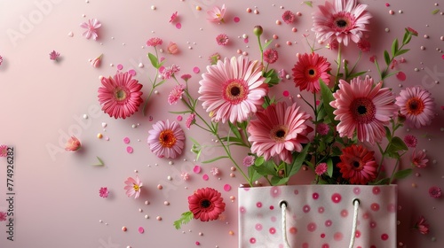 Pink Bag With Pink Flowers on Table