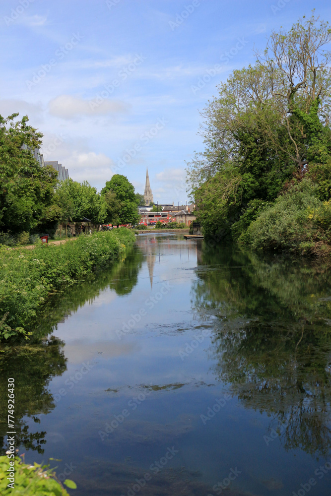 Chichester canal with a view of the cathedral in the distance