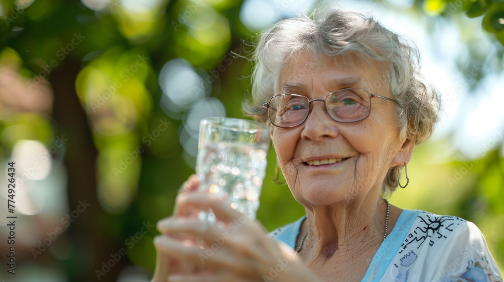 Old elderly woman enjoying a glass of water to hydrate herself with fresh air of a park on summer heatwave Old elderly woman enjoying a glass of water to hydrate herself with fresh air of a park on summer heatwave