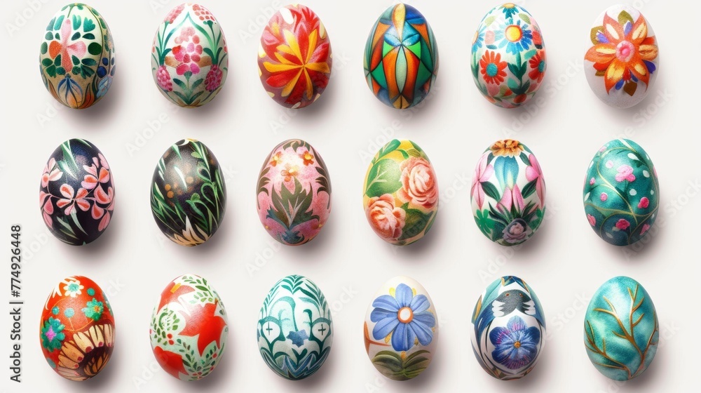 Collection of colourful hand painted decorated easter eggs on white background cutout file. Pattern and floral set. Many different design. Mockup template for artwork design Collection of colourful hand painted decorated easter eggs on white background cutout file. Pattern and floral set. Many different design. Mockup template for artwork design