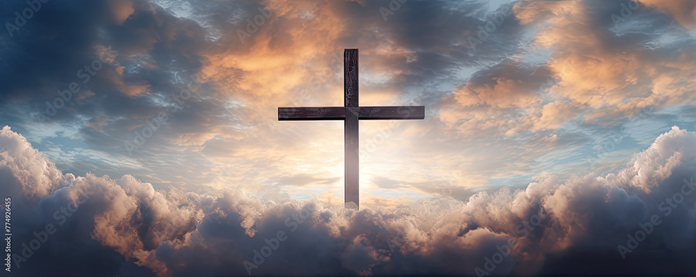 cross in clouds symbol of the death and resurrection , copy space for text. cross in clouds symbol of the death and resurrection , copy space for text.